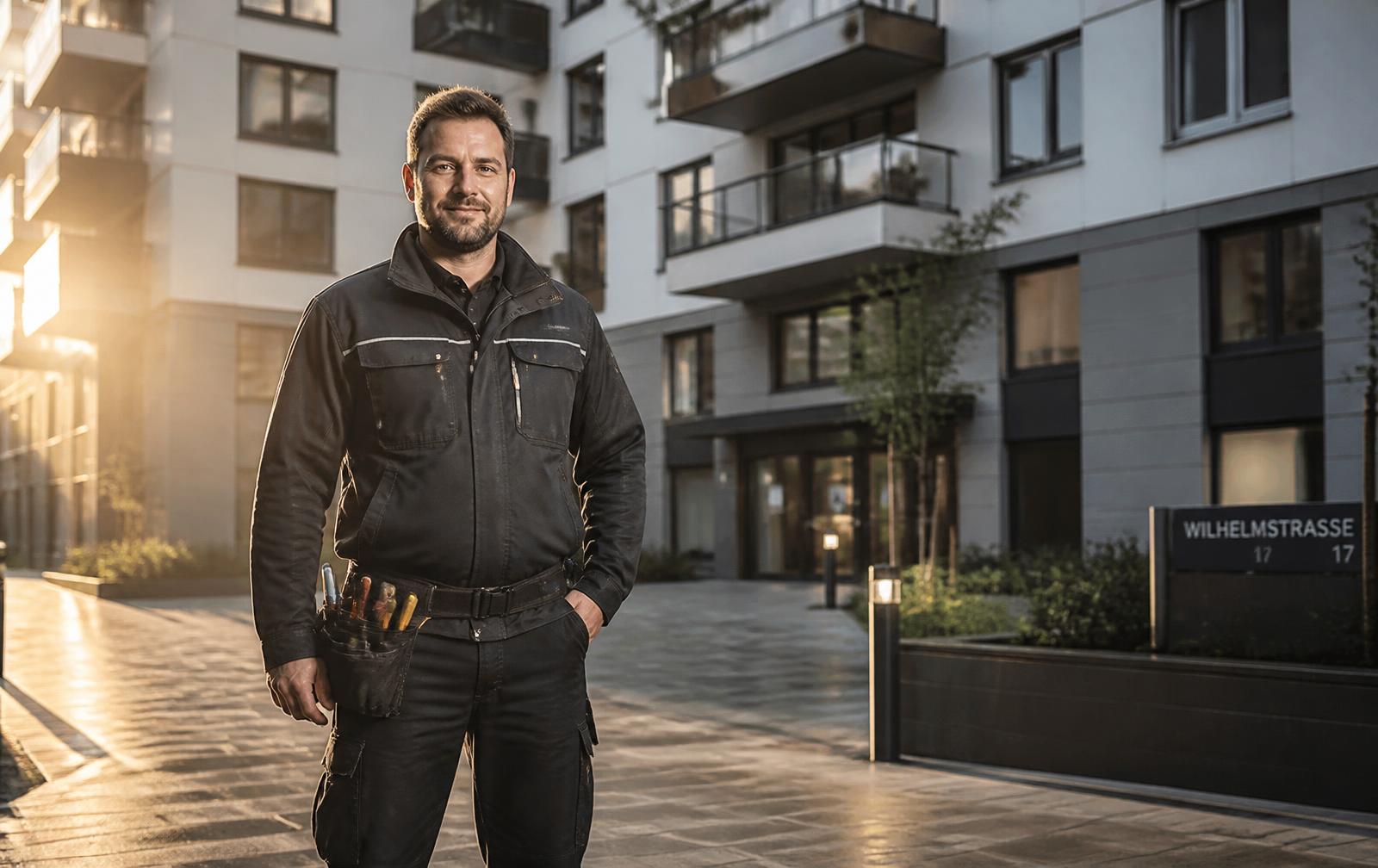 Hausmeisterservice-Technik vor einem Wohngebäude